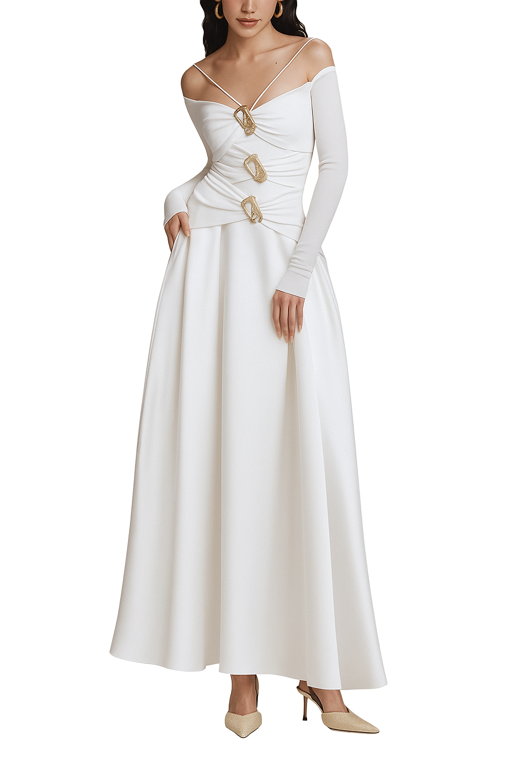 Vestido Elegante com Decote Ombro a Ombro e Detalhes Drapeados