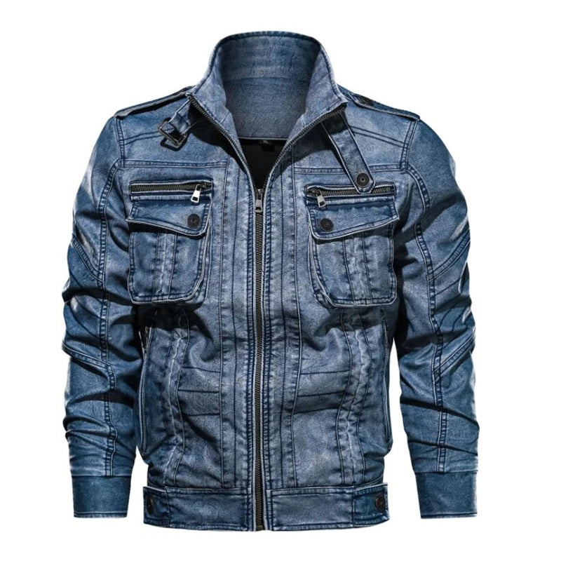 aqueta de Couro PU Masculina Slim Multi-Bolsos