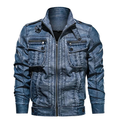 aqueta de Couro PU Masculina Slim Multi-Bolsos