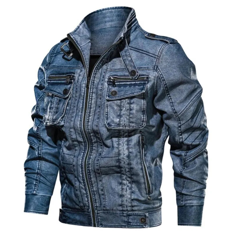 aqueta de Couro PU Masculina Slim Multi-Bolsos