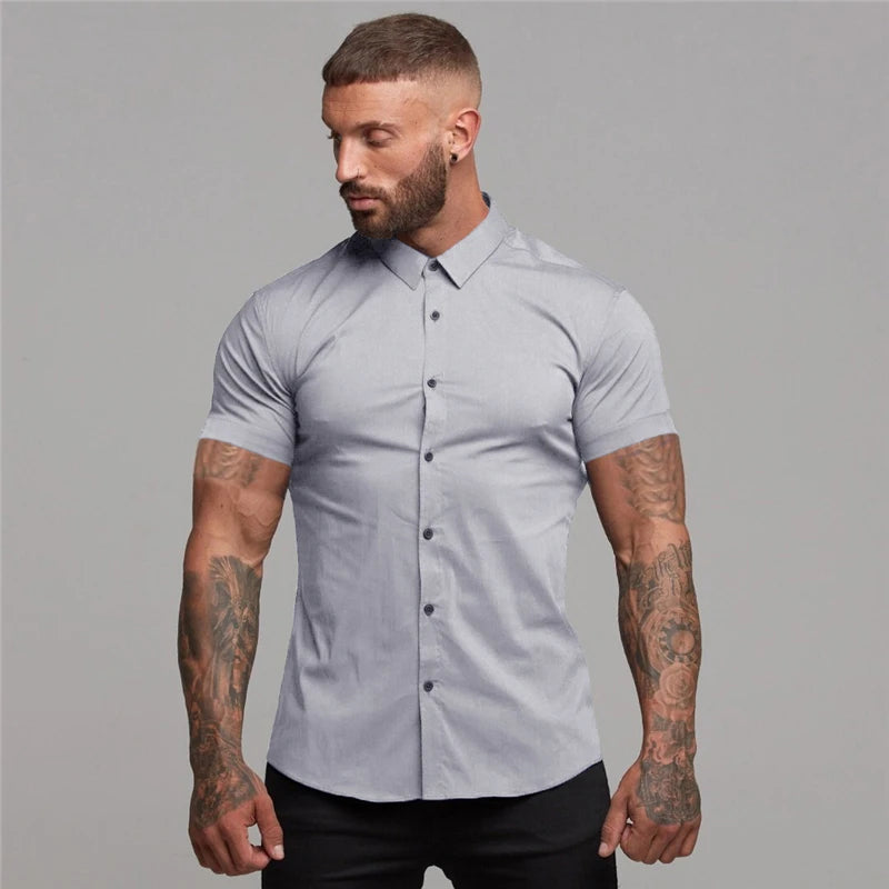 Camisa Masculina Manga Curta Colarinho de Lapela - Slim Fit