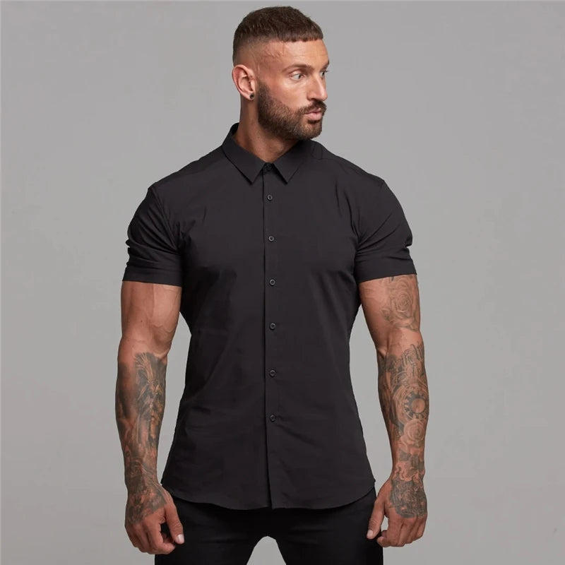 Camisa Masculina Manga Curta Colarinho de Lapela - Slim Fit