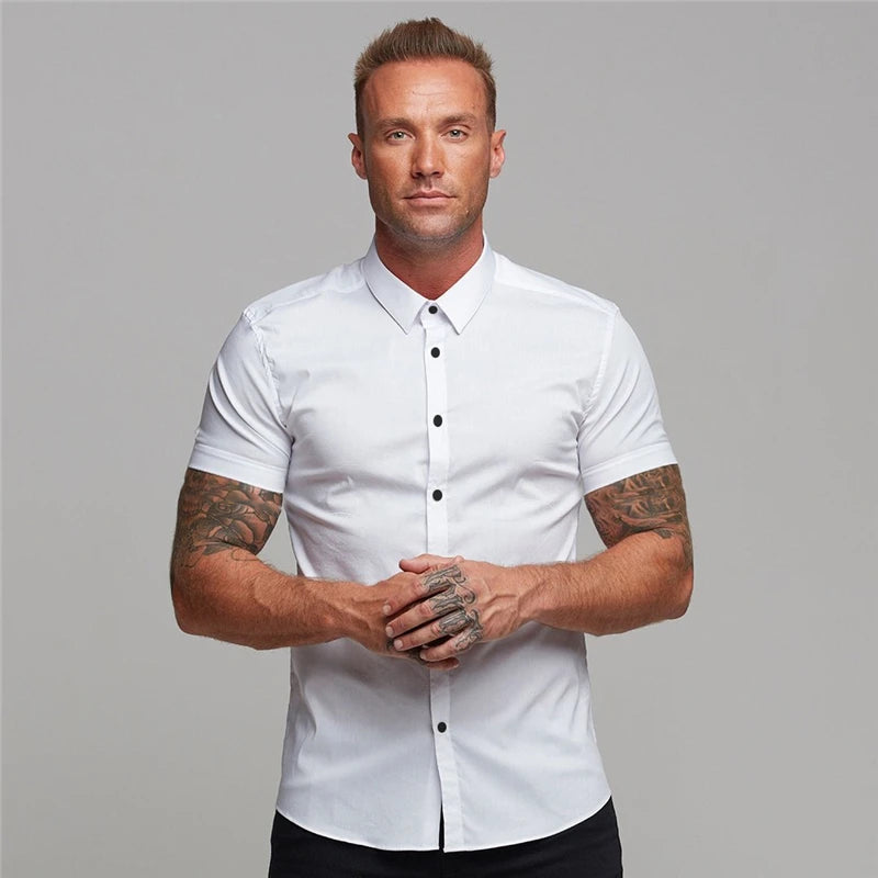 Camisa Masculina Manga Curta Colarinho de Lapela - Slim Fit