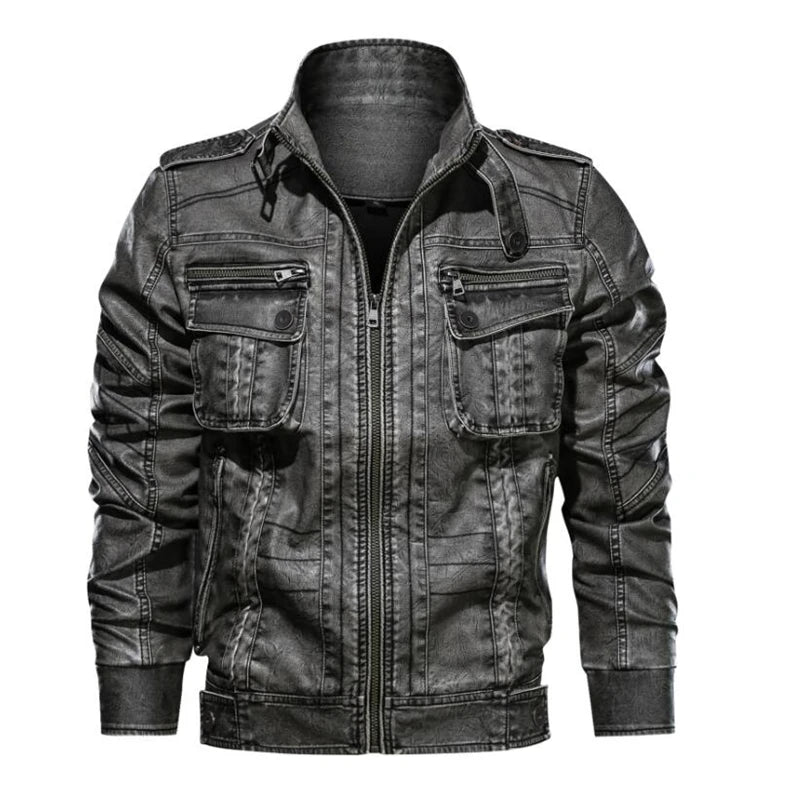 aqueta de Couro PU Masculina Slim Multi-Bolsos