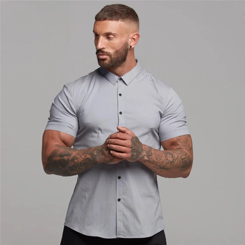 Camisa Masculina Manga Curta Colarinho de Lapela - Slim Fit