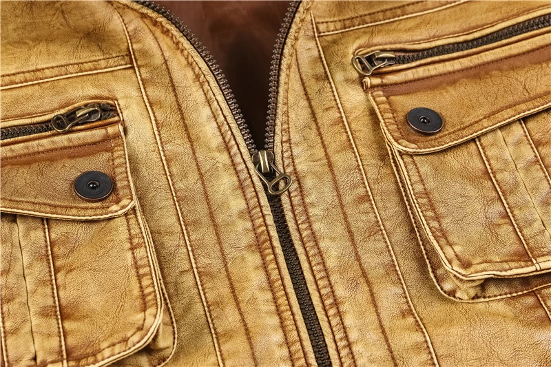 aqueta de Couro PU Masculina Slim Multi-Bolsos