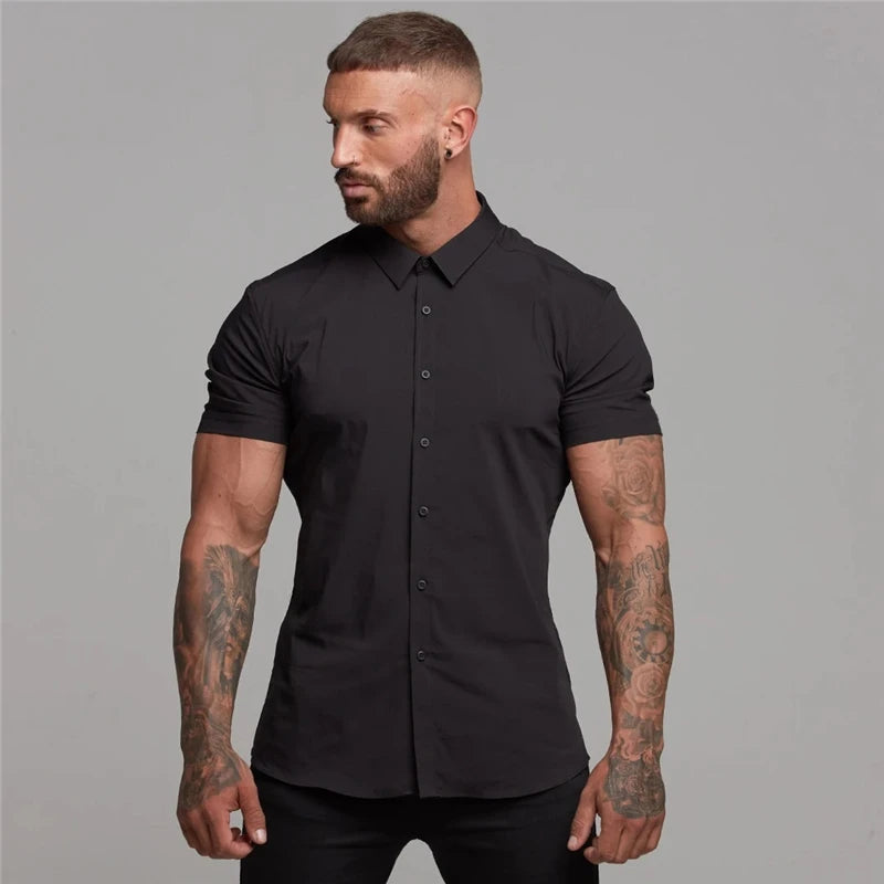 Camisa Masculina Manga Curta Colarinho de Lapela - Slim Fit