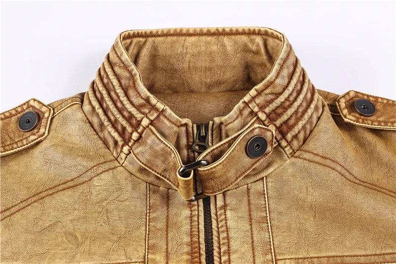aqueta de Couro PU Masculina Slim Multi-Bolsos
