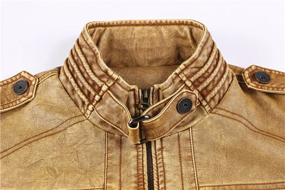 aqueta de Couro PU Masculina Slim Multi-Bolsos