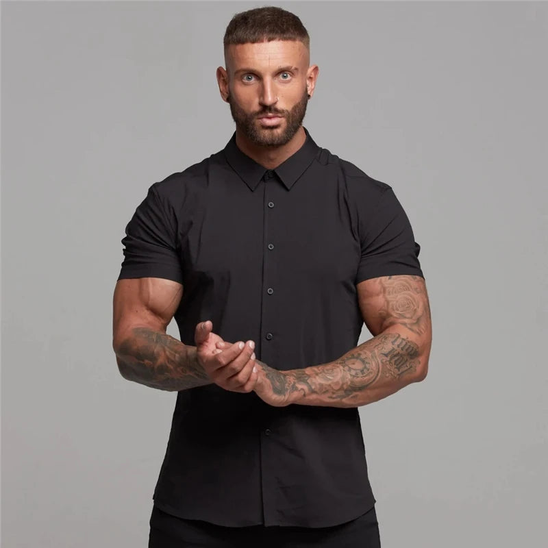 Camisa Masculina Manga Curta Colarinho de Lapela - Slim Fit