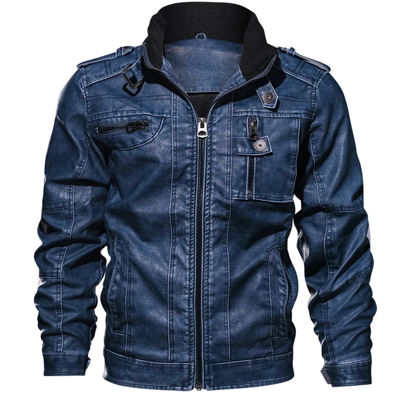 aqueta de Couro PU Masculina Slim Multi-Bolsos