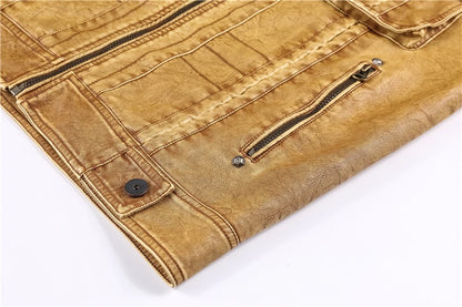 aqueta de Couro PU Masculina Slim Multi-Bolsos