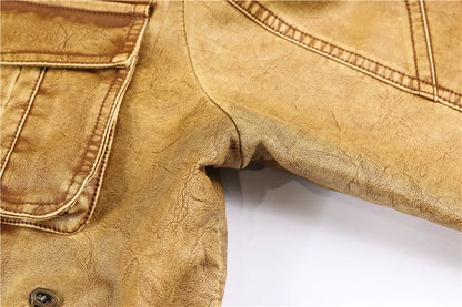 aqueta de Couro PU Masculina Slim Multi-Bolsos